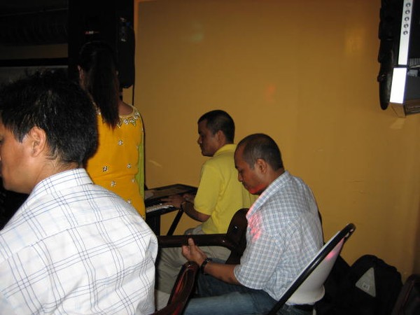Nuche (left) on Madal and Dukhi Tabala, Shisir Shrestha on Guitar and Bimal on keyboard.