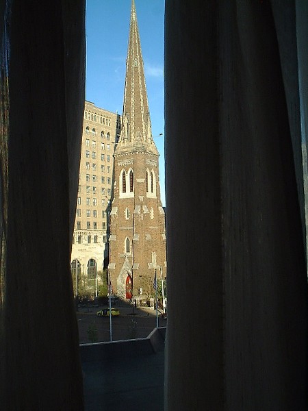 spying the spire out the window