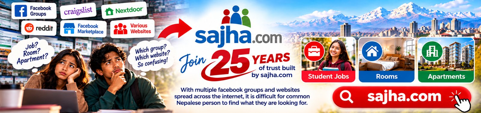 Sajha.com - Join 25 years of trust built by sajha.com. Student jobs, rooms and apartments for the Nepali community in one place.